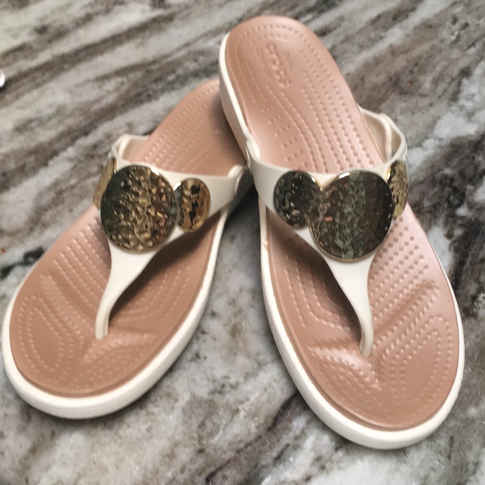 White Crocs with Hammered Gold Embellishment